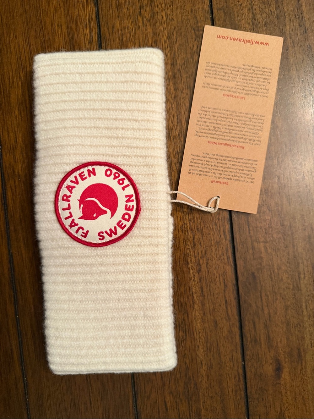 Fjallraven Cream Ribbed Headband with Red Logo Patch